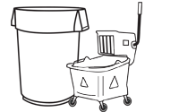 Mops, brooms, disinfectant, cleaning supplies, waste receptacle